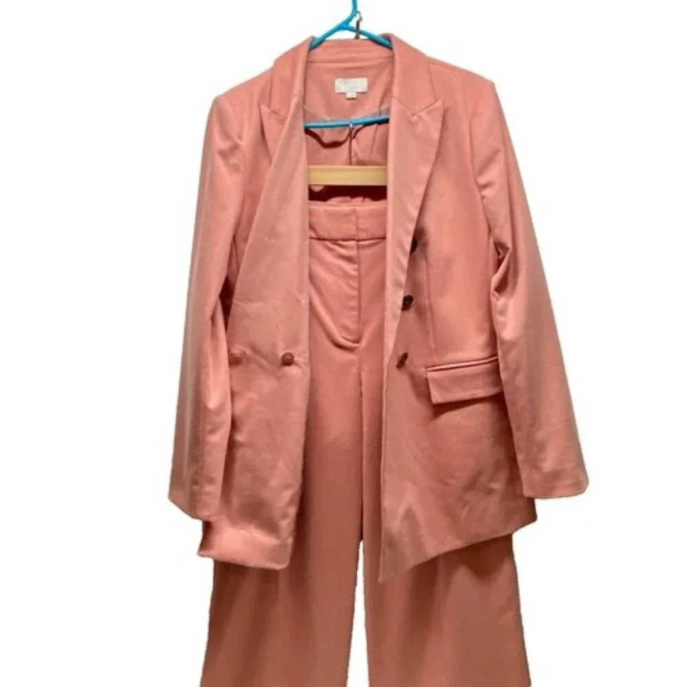 Loft Brushed Flannel Suit Women's 8 Blazer Jacket + Pant Set Pink Ruby Suits EUC